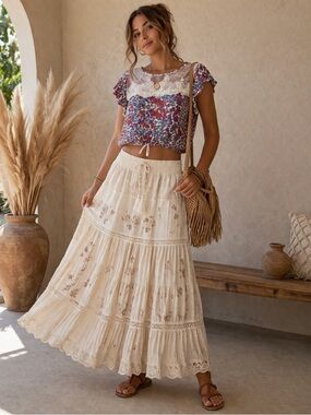 Hollister Floral Lace Ruffle Sleeve Crop Blouse Size Small Boho Top